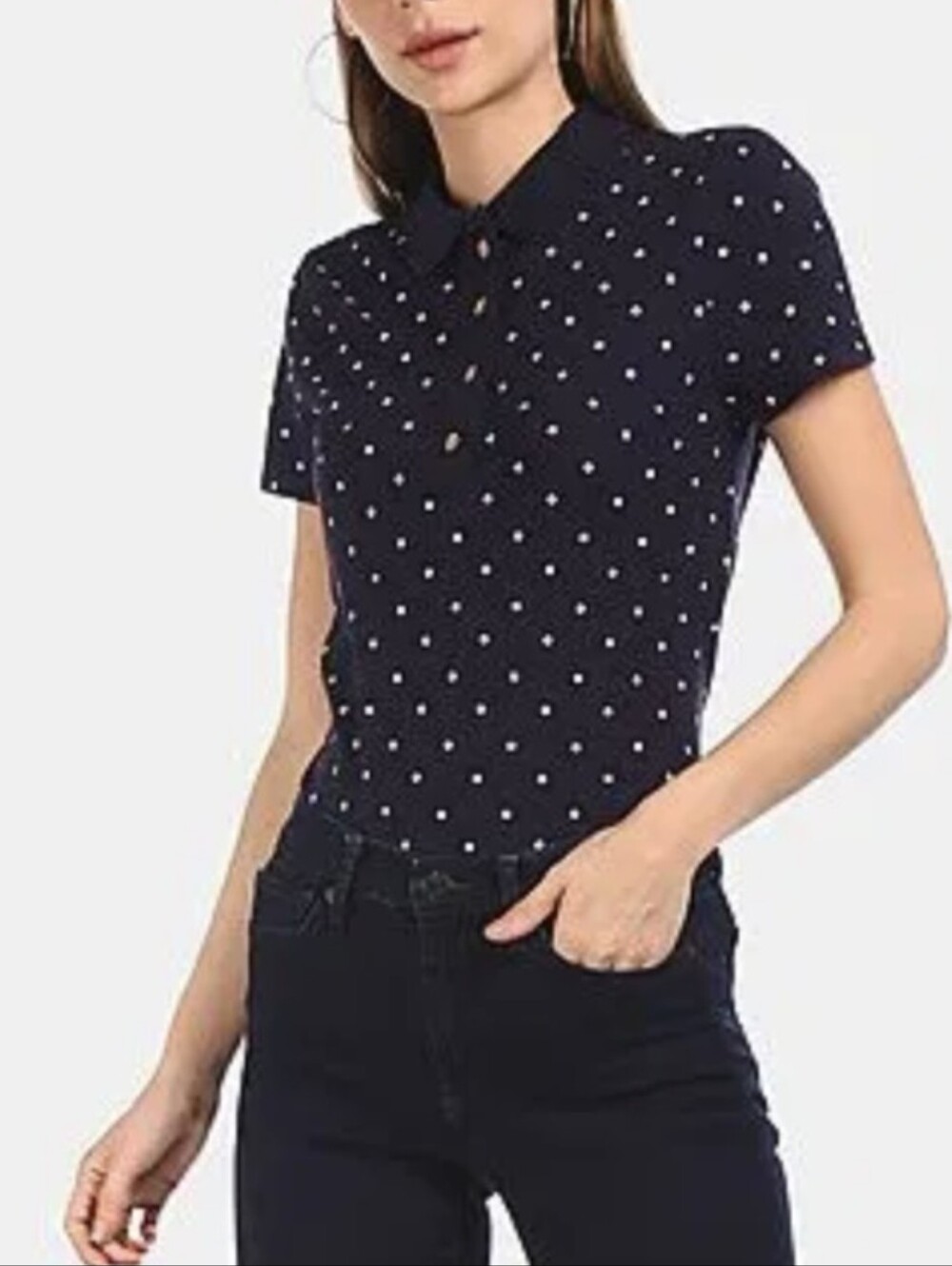 Tommy Hilfiger Navy and White Polka Dot  100% Cotton Polo, Size M